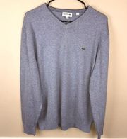 Lacoste Men’s Heather Gray Crocodile Logo Embroidered V-Neck Long Sleeve Sweater