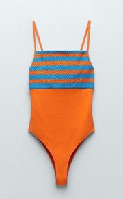 Zara Orange And Blue Knit Bodysuit