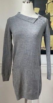 Lacoste Devanlay Long Sleeve Knit Sweater Dress Button Cowl Collar Grey 36 XS