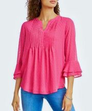 Charter Club pink pin tuck pleat clip dot ruffle sleeve top size petite large