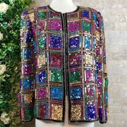 Vtg Laurence Kazar Silk Beaded Sequined Checkered Jacket Gold Multicolor Size L