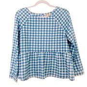 Mo:Vint New York by Anthropologie Women’s Gingham Check Peplum Blue Top SZ Small