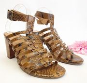 Vionic Perk Sami Leather Caged Heeled Sandals: Espresso Brown Tan Boa Snakeskin