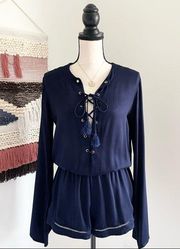 Faithfull The Brand Bell Sleeve Lace-Up Romper Navy Blue Size S