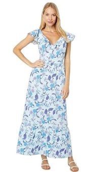 NWT  H Halston  Sleeveless Batik Blossom Angle Blue Ruffled Strap Dress