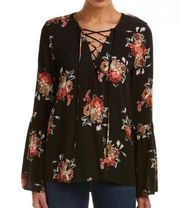 ON THE ROAD Black Floral Long Bell Sleeves Tunic Blouse Small