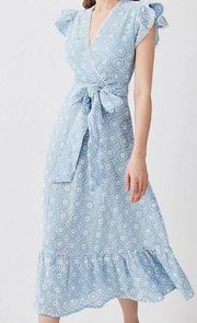 Karen Millen Broderie Eyelet Cotton V Neck Wrap Blue Maxi Dress Size: 12