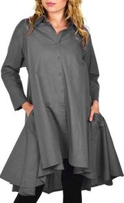 Gracis Gray Shirt Tunic Dress Lagenlook Button Up Asymmetrical Hem Oversized