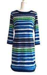 Vince Camuto Dress Blue Green White Striped 3/4 Sleeve Lined Shift Dress Size 6