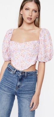 Kiah Pink Blossom Floral Puff Sleeve Corset Top