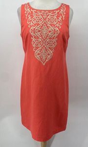 Eliza J Linen Shift Dress Embroidered Front Sleeveless Tank Mini Coral Womens 12