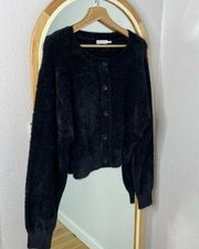 Good American fuzzy black button up cropped cardigan sweater