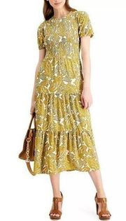 NEW Michael Kors Paisley Smocked Midi Dress in Yellow Multi