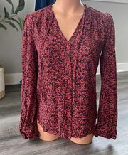 Hinge Red Floral Button Down Blouse XS Long Sleeve Top K7