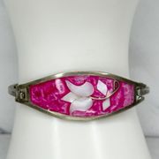 Vintage Alpaca Mexico Silver Tone Mother of Pearl Flower Hinge Bangle Bracelet