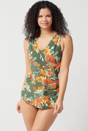 Denim & Co. Beach Green & Orange Floral Full Coverage Swimsuit Size 18W