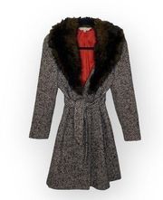 Vintage: Trina Turk ♔ Fur Trim Belted Wool Trench Coat ♔ Classic Herringbone ♔ 4