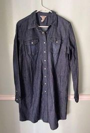 DULUTH TRADING CO denim Blue Chombray Pearl Snap Button Dress L NWOT