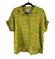 Rachel Zoe 100% Linen Button Down Floral Blouse Chartreuse Green Size Medium