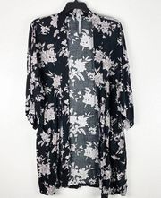 SPIRITUAL GANGSTER Black Floral Front Tie  Kimono Cardigan