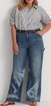 Lauren Ralph Lauren Women High Waist Belt Loops Bleach-out Wide Leg Jeans 14 NWT