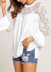 Zanzea Women’s White Lace Patchwork Tiered Bell Sleeve Blouse Large