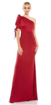 Ieena for Mac Duggal SATIN ONE SHOULDER PUFF SLEEVE TRUMPET GOWN Dark Red NWT 14