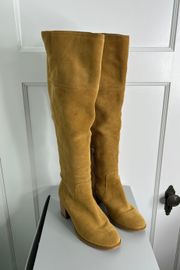 Tan Suede Knee High Round Toe Heeled Boots