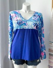 Lilly Pulitzer Finn Saltwater Blue Shade Seekers V-Neck Long Sleeves Tee Large