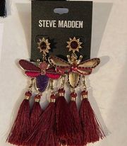 New Magnificent Steve Madden Dragonfly Fringe Earrings Burgundy