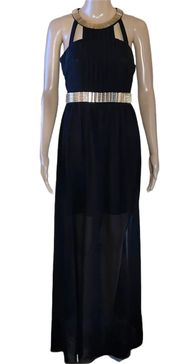 Metallic Gold Trim Maxi Dress