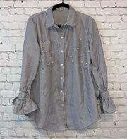 Kontrol Gray & White Striped Embellished Button Down Blouse