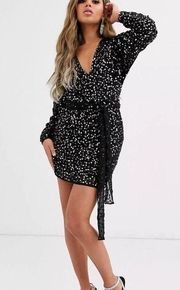 Sequin Mini Dress with batwing Sleeves and Wrap Waist, Black, 0