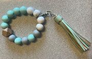 Teal And White Beaded Keychain