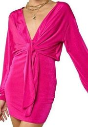 Blue Blush Tie Front Long Sleeve V-neck Mini Dress Hot Pink Size Small NWT