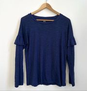 Bobeau Ruffle Slub Crew Neck Long Sleeve Lightweight Tee Blue Small