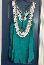 NWT 143 Story Crochet V-Neck Sleeveless‎ Swimsuit Cover Up With Pom Pom Details