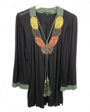 T-Bags Los Angeles Beaded V-Neck Tunic Top Black Green Rope Tassels Size Large