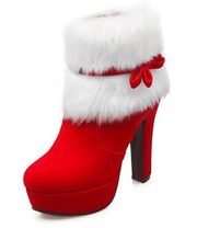 Fur Trim Red Ankle Boots Platform Heel Booties size 8 Faux Fur/Suede