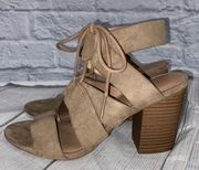 thick strap w/front tie laces open toe microfiber chunky heels tan color sz 7 women