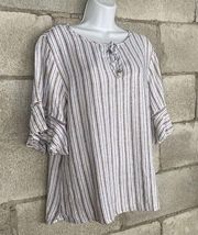 Ellen Tracy Shirt Women Medium Cream Stripes Linen Viscose Keyhole Boho