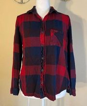 Womens Beachlunchlounge Blue Red Plaid Long Sleeve Button Down w Pocket Small