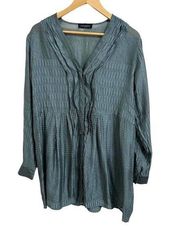 Piazza Sempione Gray Pleated Front V-Neck Long Sleeve Tunic Blouse Size 46