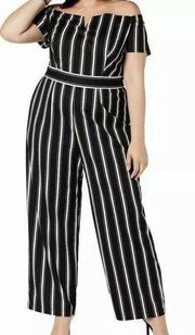 Teeze Me SZ 24 Jumpsuit Off-Shoulder Striped Stretch Rear Zipper V-Neck Wide Leg