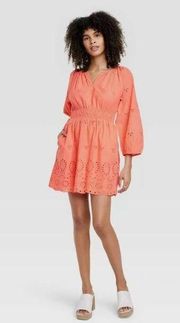 NWOT Women's Puff 3/4 Sleeve Eyelet Dress - Universal Thread Coral Orange Small