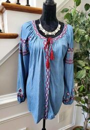 Style &Co. Womens Blue Cotton Blend Long Sleeve Round Neck Casual Blouse Size 2X