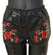 American Vintage Black Faux Leather Short Red Floral Embroidery