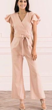 Rachel Parcell Womens Linen Blend Ruffle Sleeve Wrap Jumpsuit Size L Pink