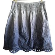 Sundance A Line Mini Skirt Smocked Waist Eyelet Scalloped Hem 100% Cotton Blue 4