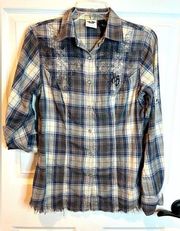 Harley Davidson plaid Pearl snap down long sleeve raw hem shirt EUC size S